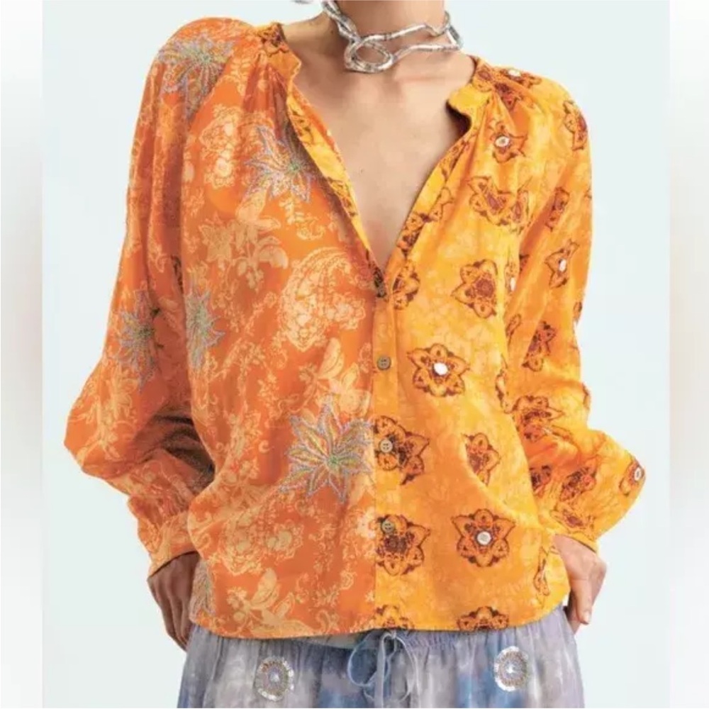ZARA COTTON SHIRT BLOUSE WITH CONTRAST EMBROIDERY SIZE S ORANGE ballon sleeve